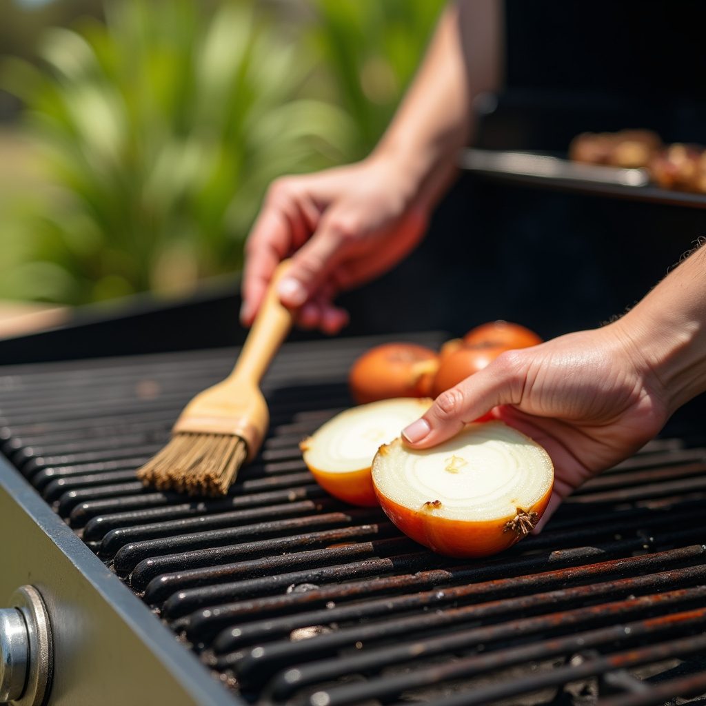 Close-up, BBQ grill cleaning with onion, hand holding onion half, grill brush nearby, backyard Limpeza de grelha com cebola: mão esfregando cebola na grelha quente.