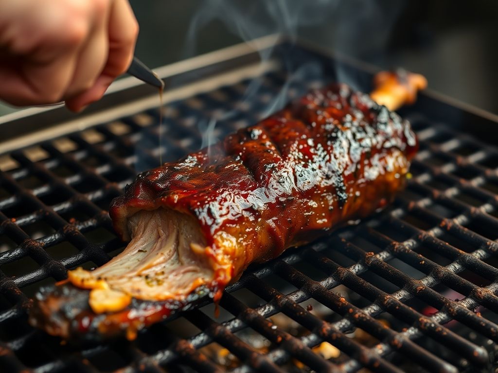 Costela sendo assada lentamente na grelha, mostrando a carne se desprendendo do osso.