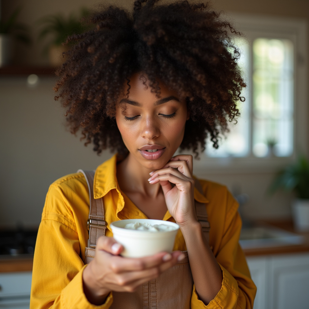 Close-up of a diverse woman in a cozy Brazilian kitchen, thoughtfully examining a yogurt container. Mulher analisando rótulo de iogurte em cozinha iluminada.