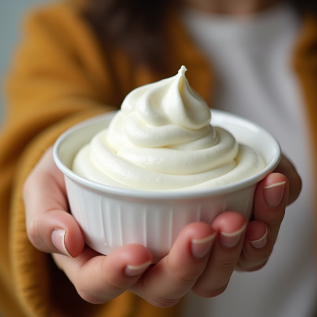 Close-up of a hand rejecting sugary yogurt, opting for natural yogurt. 8k quality, sharp focus, Mão rejeitando iogurte açucarado.