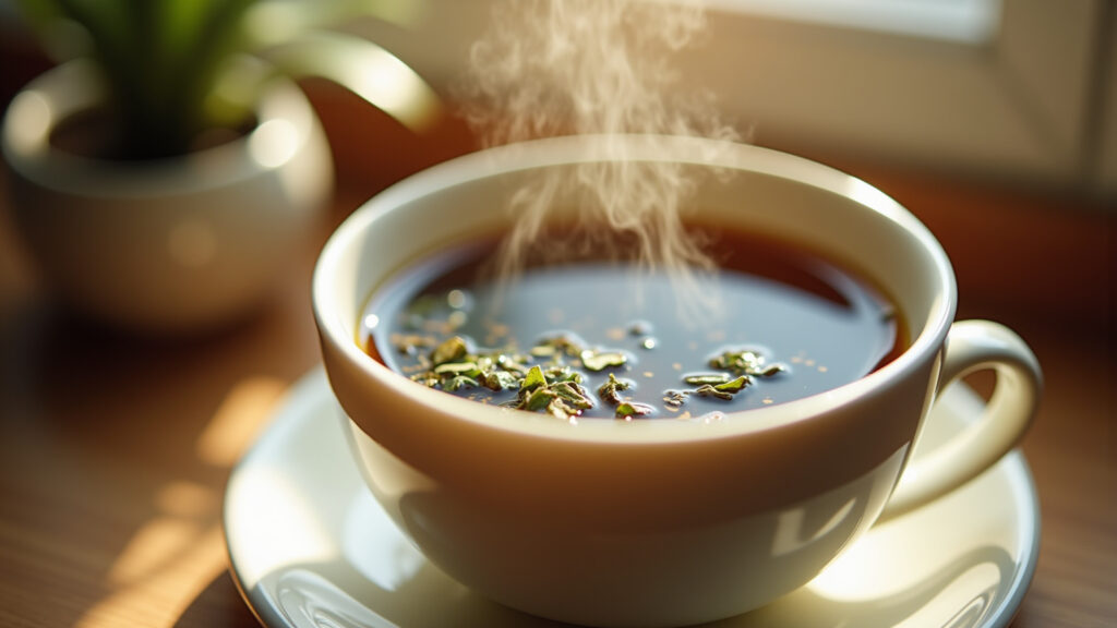 Close-up of a steaming cup of herbal tea, focus on the tea leaves, warm natural light, lifestyle Xícara fumegante de chá de sene para alívio da constipação.