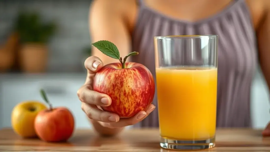 Close-up of a woman's hand holding a whole apple next to a glass of freshly squeezed apple juice. Mão segurando maçã ao lado de copo de suco, enfatizando a importância de comer a fruta inteira.