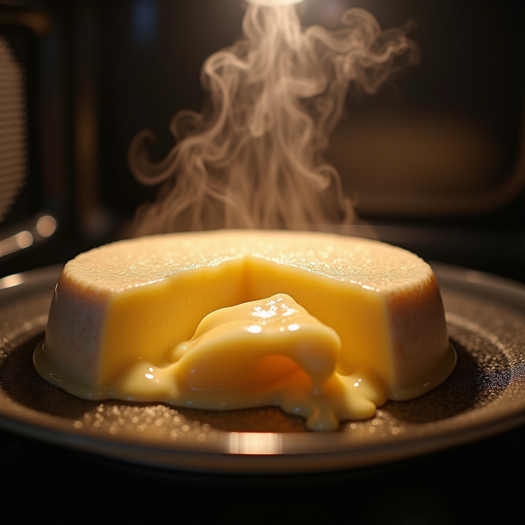 Close-up of camembert cheese melting in microwave, steam rising, soft lighting, 8K, sharp focus, Queijo camembert derretendo no microondas.