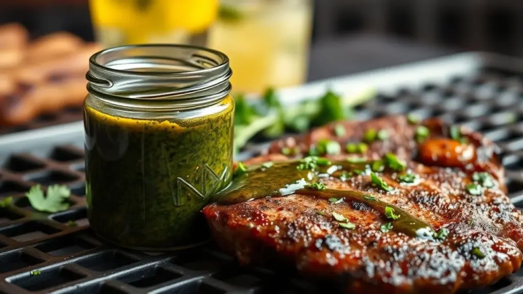 Close-up of chimichurri in a glass jar, drizzled over grilled picanha steak on a churrasco grill. Chimichurri caseiro sobre picanha grelhada no churrasco brasileiro.