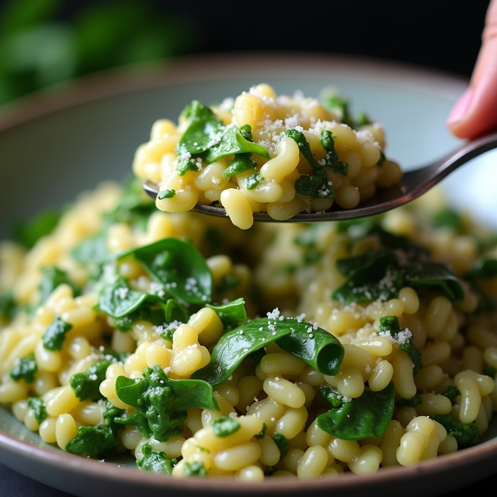 Close-up of creamy arugula risotto being served, vibrant green, parmesan, professional photography, Risoto de rúcula cremoso sendo servido.