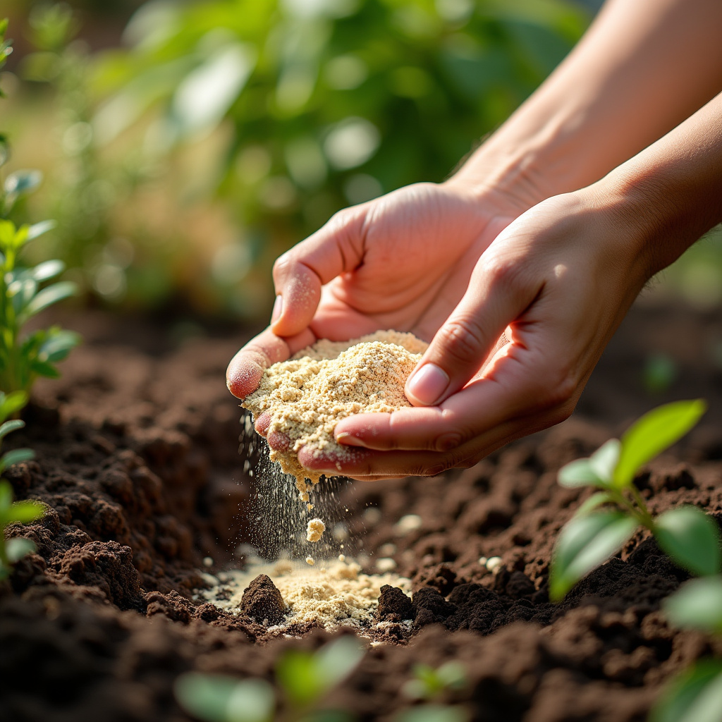Close-up of diverse hands mixing eggshell powder into garden soil, vibrant home garden setting, Mãos misturando pó de casca de ovo no solo da horta caseira.