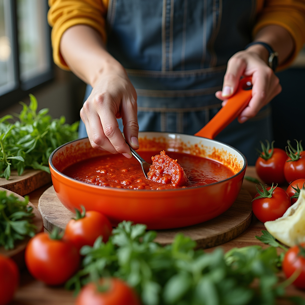 Close-up of diverse hands preparing homemade tomato sauce in a vibrant Brazilian kitchen, fresh Mãos preparando molho de tomate caseiro