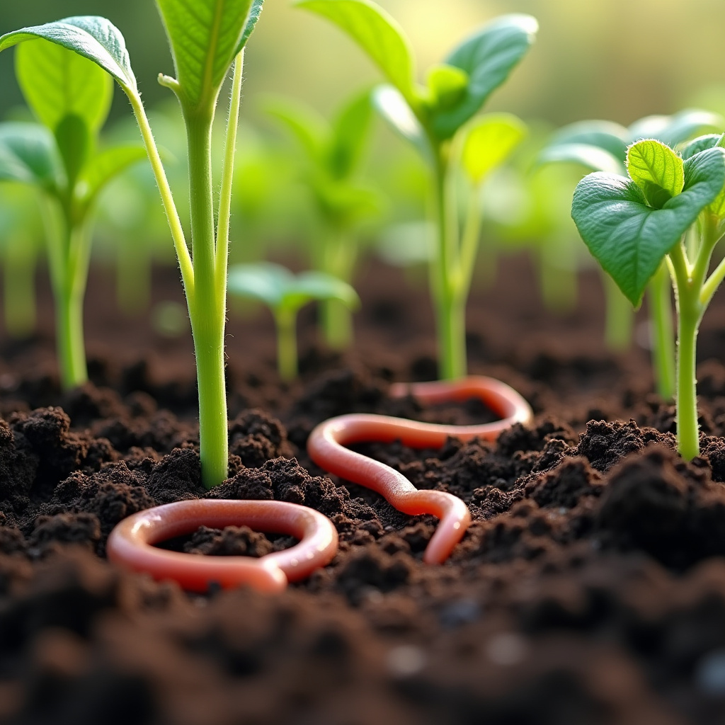 Close-up of earthworm castings in garden soil, healthy plants, natural light, 8K quality, sharp Húmus de minhoca enriquecendo o solo da horta.