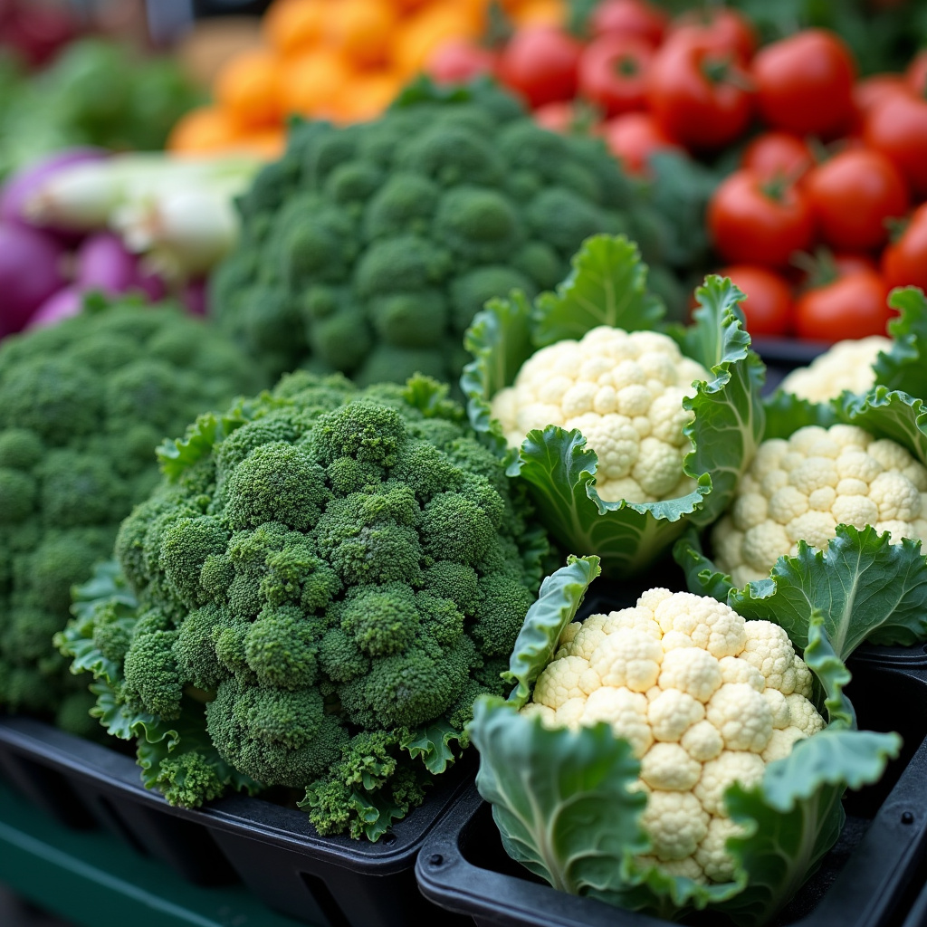 Close-up of fresh kale and cauliflower at market, vibrant colors, perfect condition, professional Couve e couve-flor frescas no mercado