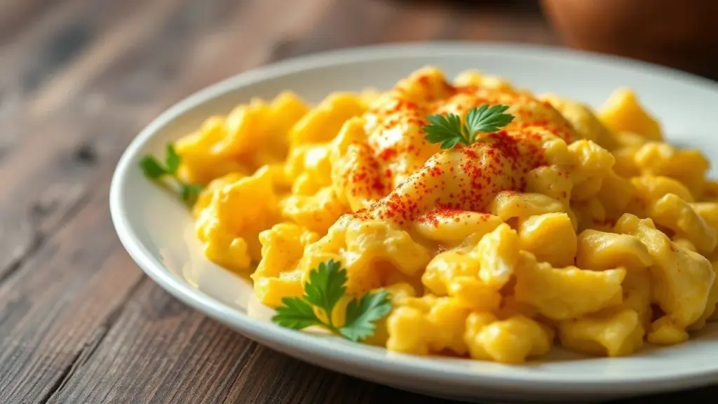 Close-up of golden scrambled eggs sprinkled with sweet paprika, served on a white plate with fresh Ovos mexidos cremosos com páprica doce e salsinha fresca