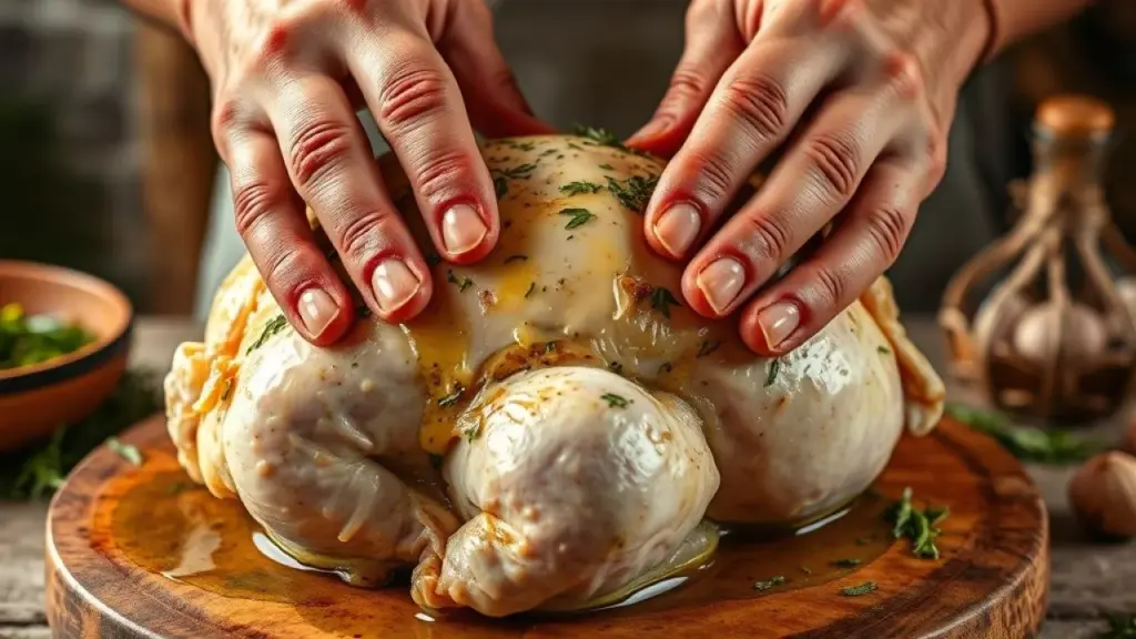 Frango sendo massageado com marinada de azeite, alho e ervas. Preparo.