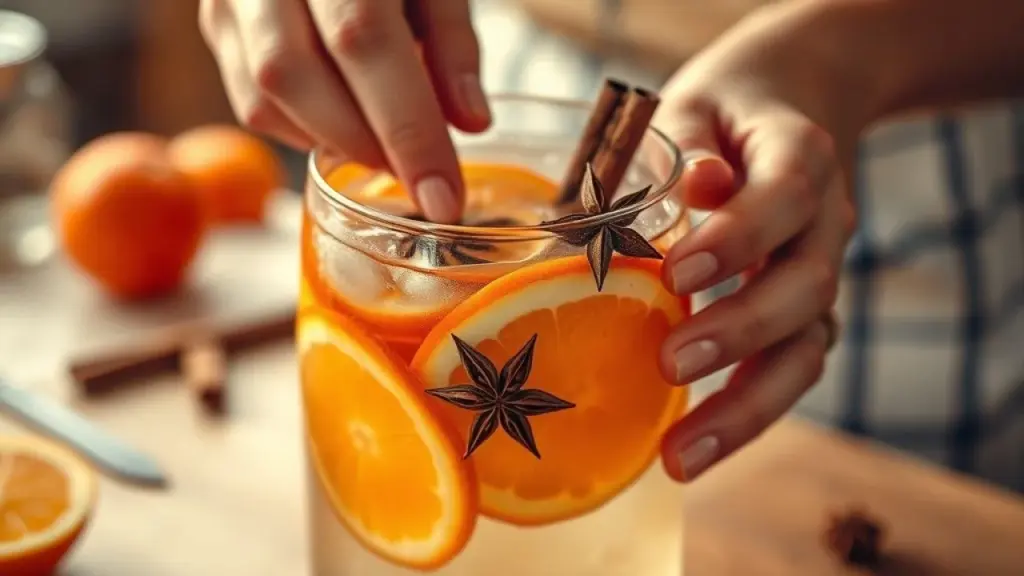 Mãos preparando água saborizada de laranja e canela em casa.