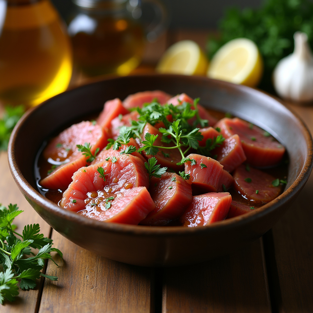 Close-up of marinated meat in a bowl, herbs, garlic, olive oil, Brazilian kitchen background, Marinada saborosa para churrasco sem fumaça.