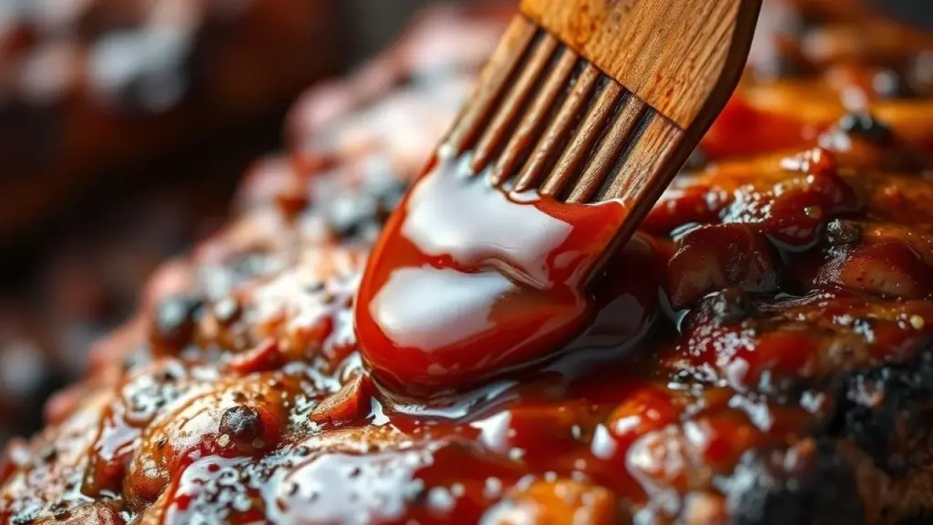 Close-up of perfectly cooked beef ribs with golden-brown crust, brushed with barbecue sauce, Costela assada com crosta dourada e molho barbecue, pronta para servir.