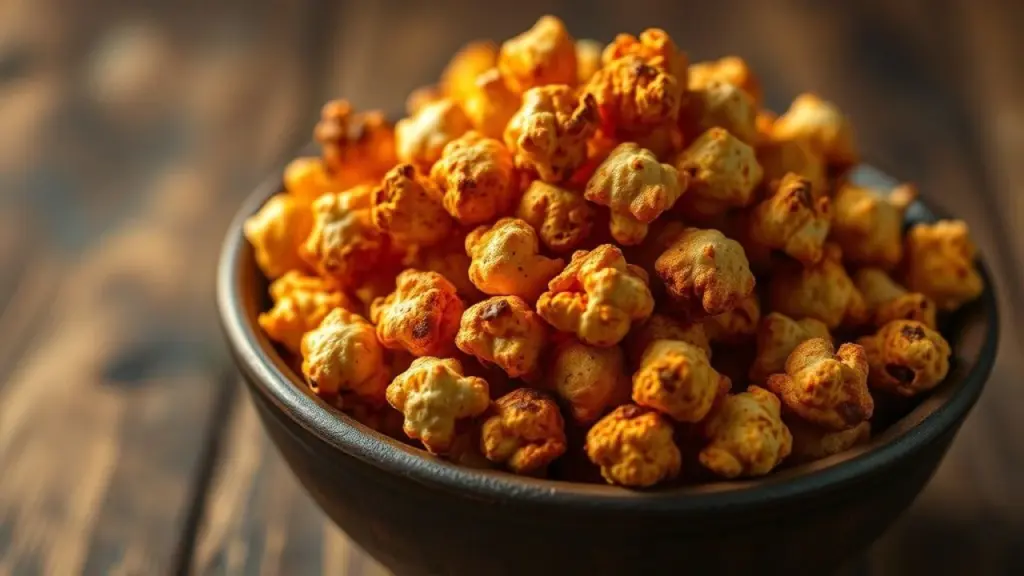 Close-up of smoked paprika flavored popcorn in a rustic bowl, professional food photography, dark Pipoca com páprica defumada em tigela rústica, sabor inesquecível