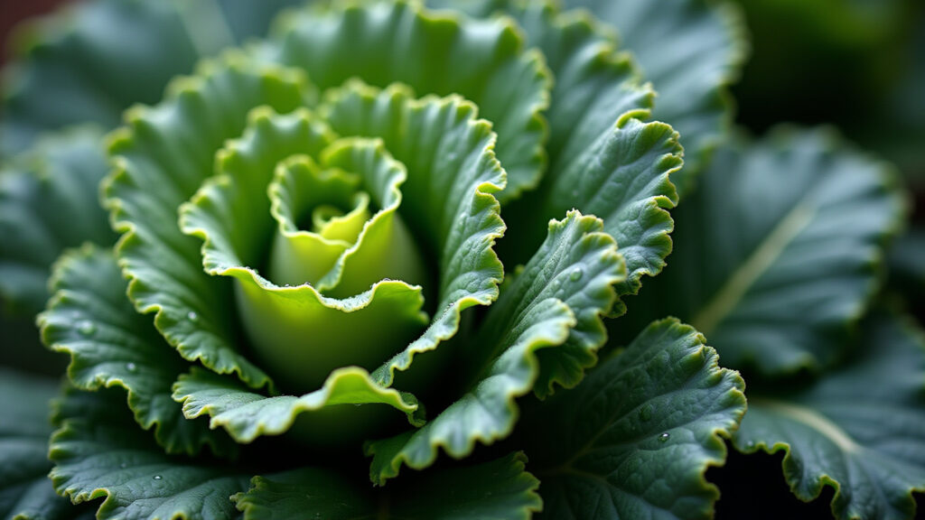 Close-up of vibrant green kale leaves, water droplets, natural lighting, professional photography, Couve fresca, ideal para sucos detox e limpeza das artérias.