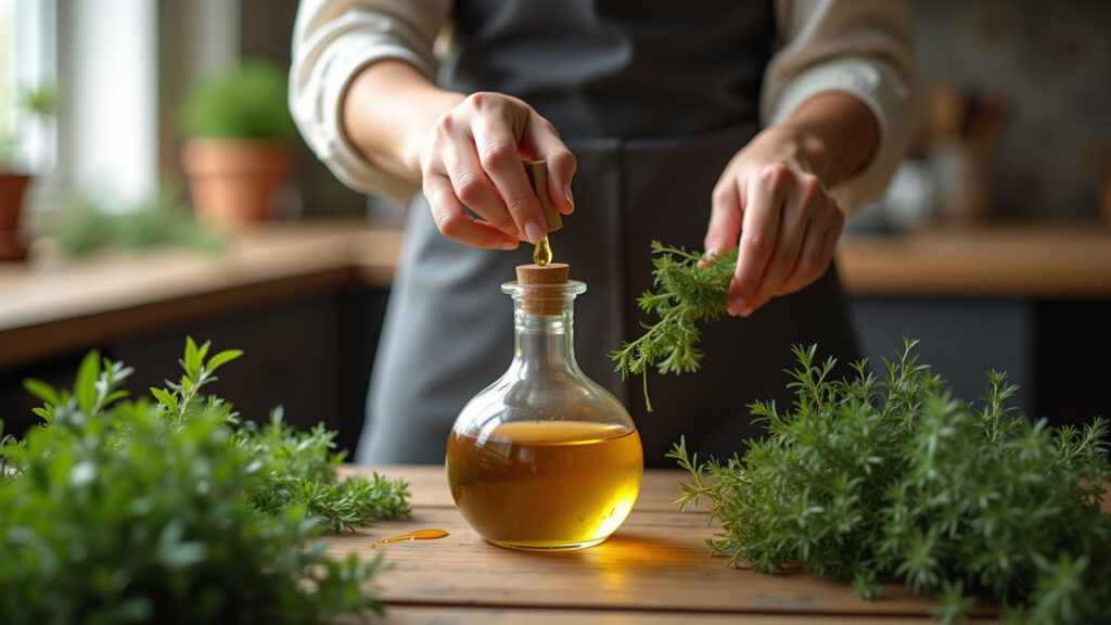 Close-up, oregano oil extraction at home, rustic kitchen, natural light, woman's hands, organic Extração caseira de óleo de orégano.
