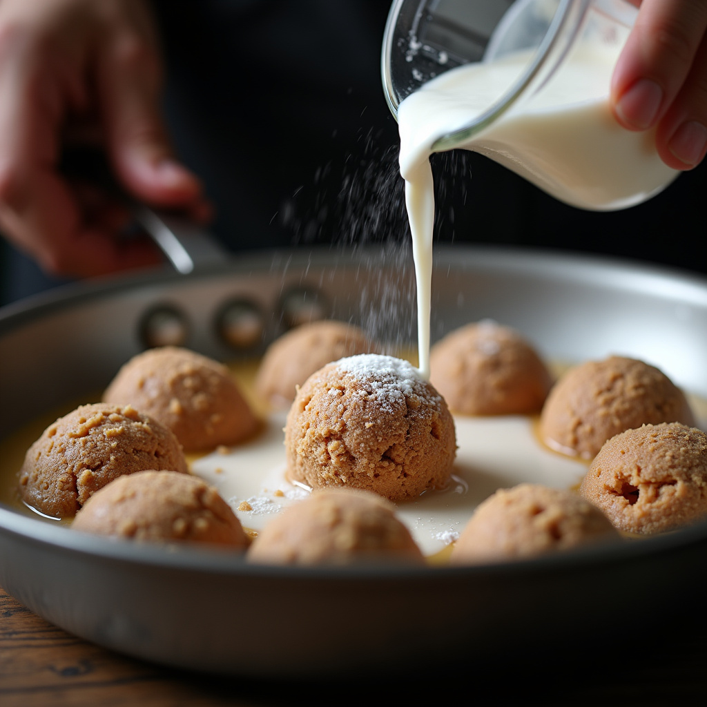 Close-up shot of a creamy brigadeiro being made in a pan, milk powder being added, professional Brigadeiro cremoso sendo feito com leite em pó.