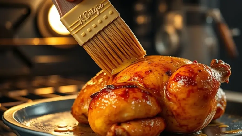 Frango assado sendo pincelado com ghee para pele crocante. Delícia.