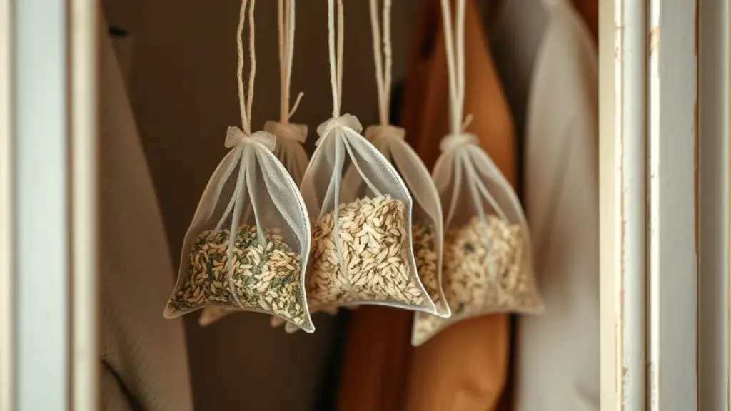 Close-up shot of small sachets filled with dried oregano and rice hanging inside a Brazilian-style Sachês de orégano e arroz pendurados em armário brasileiro.
