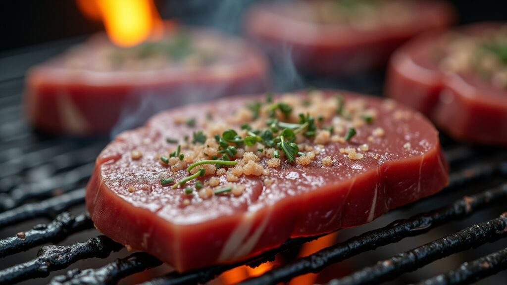 Close-up shot, picanha being seasoned with homemade garlic paste, coarse salt, fresh herbs. Grill Picanha sendo temperada com pasta de alho caseira.