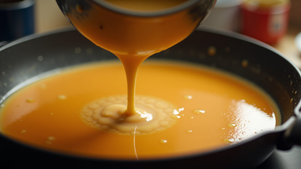 Close-up shot, traditional pan with condensed milk transforming into 'doce de leite', warm caramel Leite condensado cozinhando e virando doce de leite caseiro.