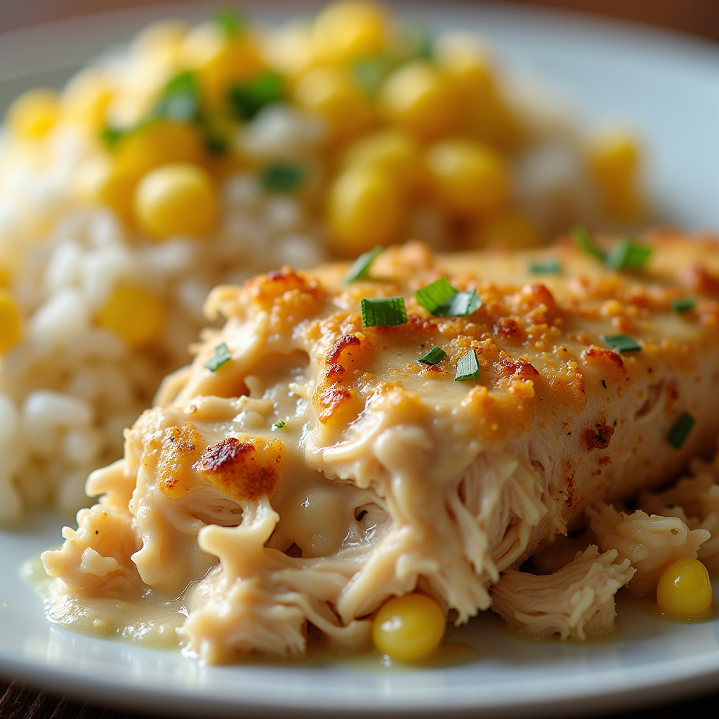 Close-up, shredded chicken with creamy sauce, corn, parmesan gratin, served with rice, professional Frango desfiado cremoso com requeijão e milho gratinado.