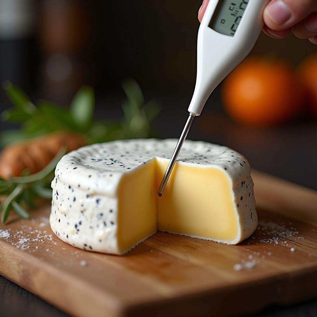 Close-up thermometer checking camembert cheese temperature, melted, professional photography, 8K, Termômetro medindo a temperatura do queijo camembert.