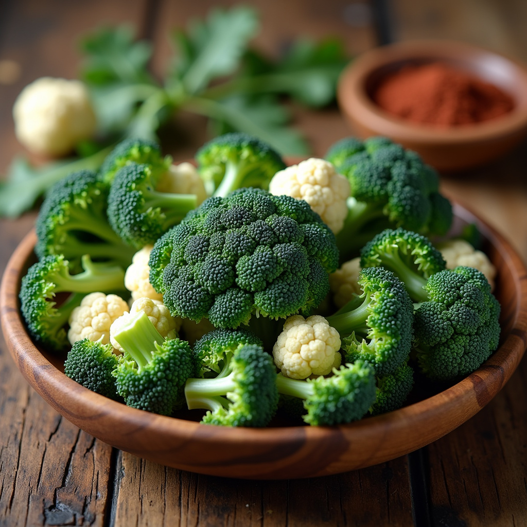 Close-up, vibrant kale and cauliflower florets on rustic wooden table, natural light, Brazilian Couve-manteiga e couve-flor frescas juntas