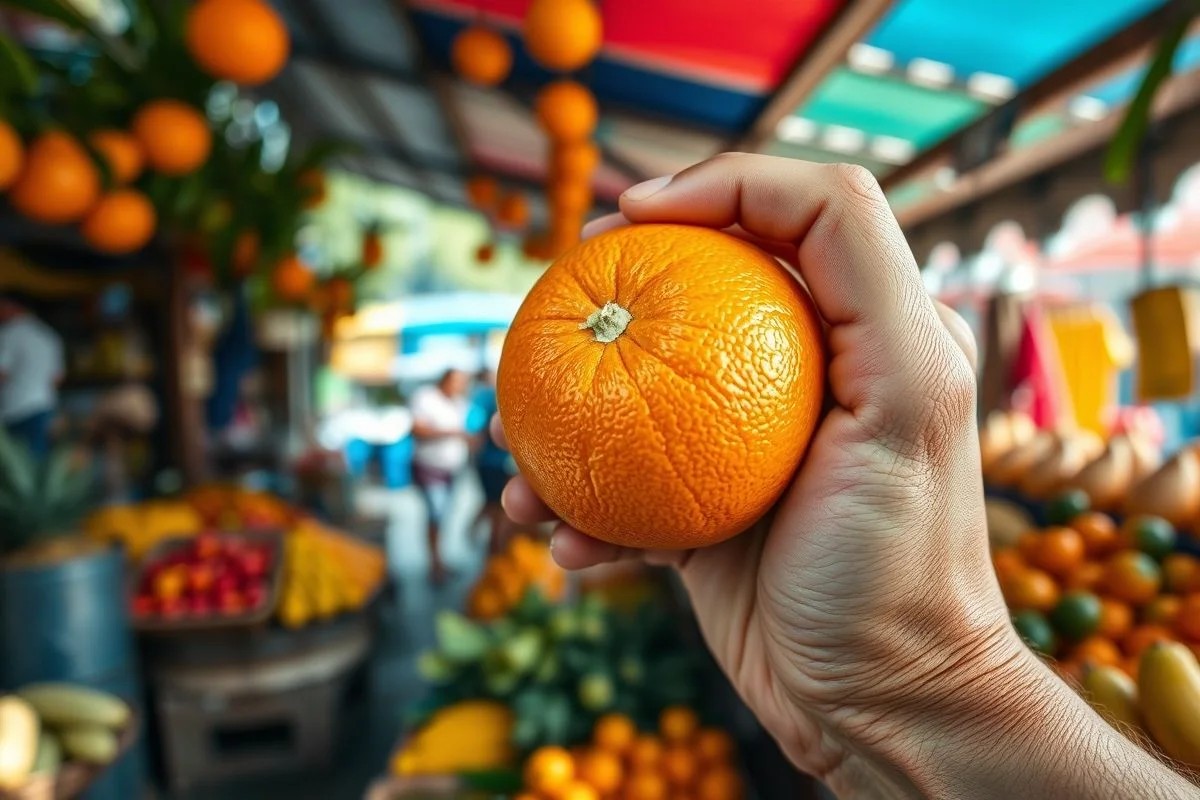 Laranja fresca na mão, mercado brasileiro ao fundo