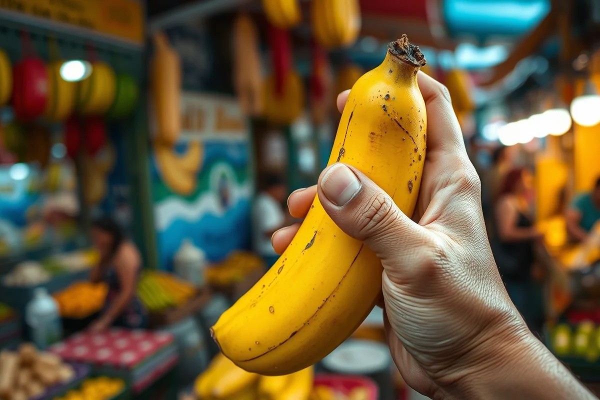 Mão descascando banana com mercado de rua brasileiro ao fundo.