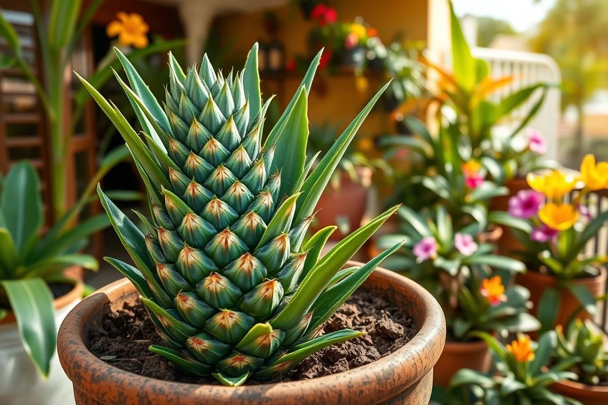 Abacaxi plantado em vaso com terra rica em matéria orgânica.