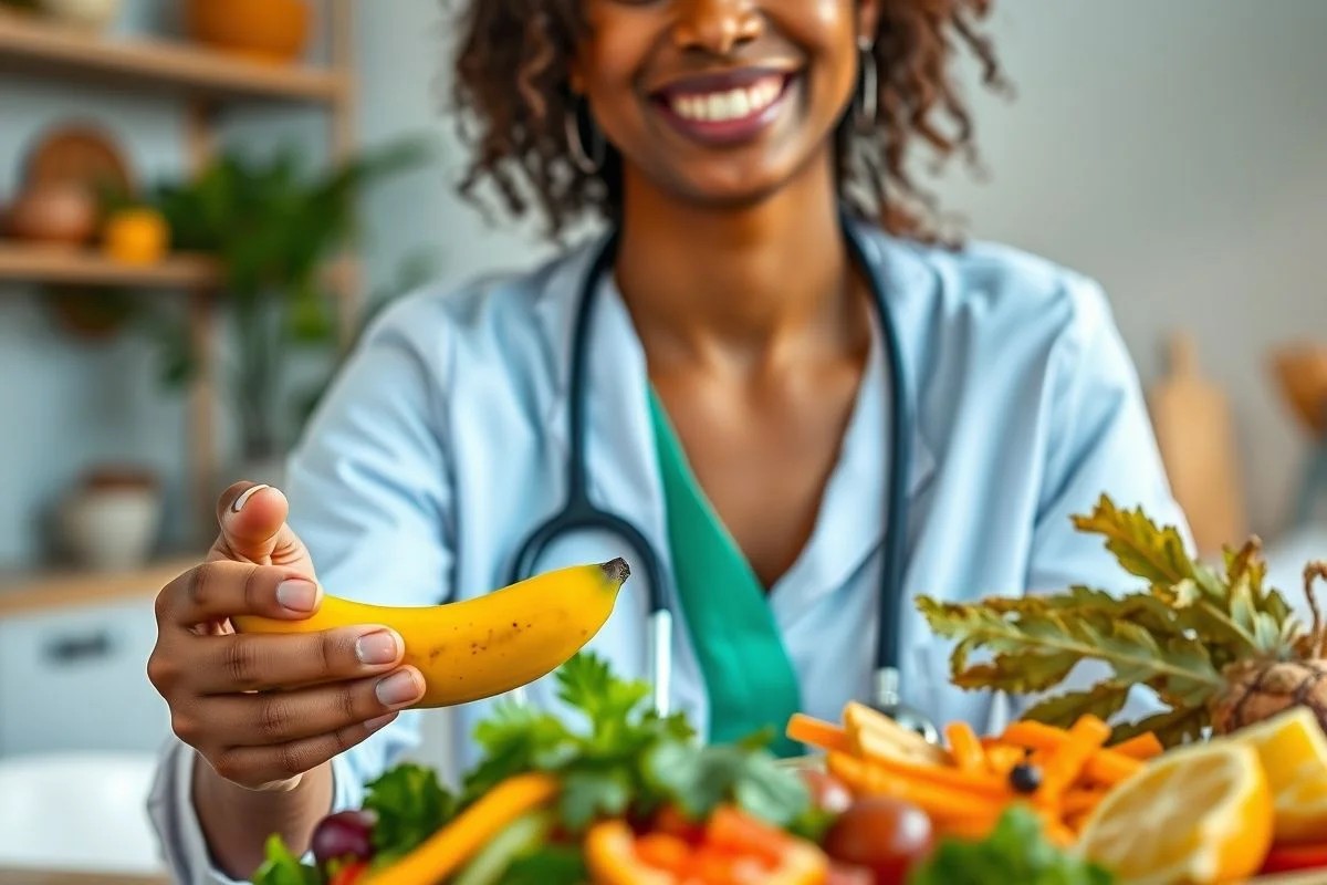 Nutricionista brasileira sorrindo com banana e plano alimentar. Aconselhamento profissional.