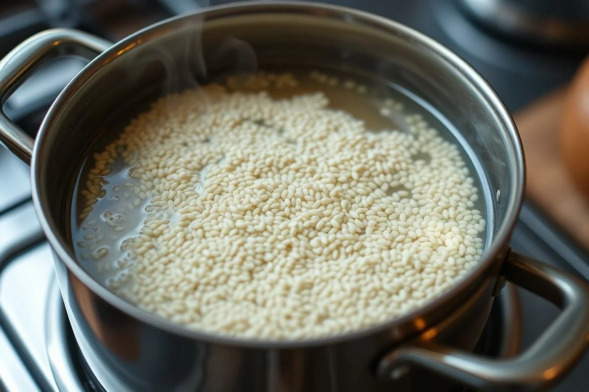 Quinoa cozinhando em panela, vapor subindo, textura visível.