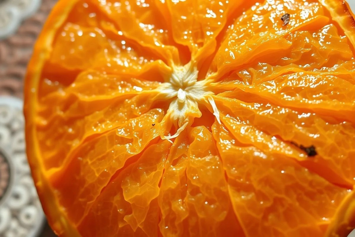 Casca de laranja enrugada e pegajosa em close-up