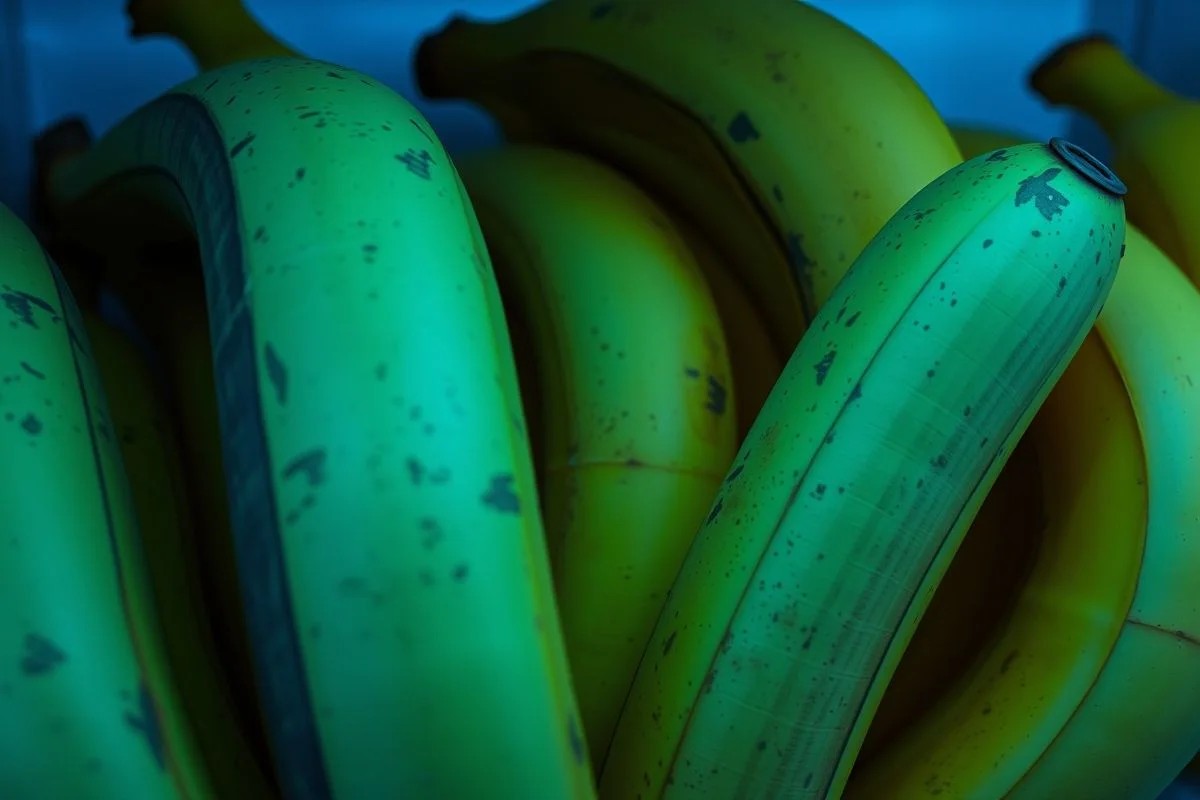 Bananas na geladeira: algumas com casca escura, outras amarelas. Refrigeração.