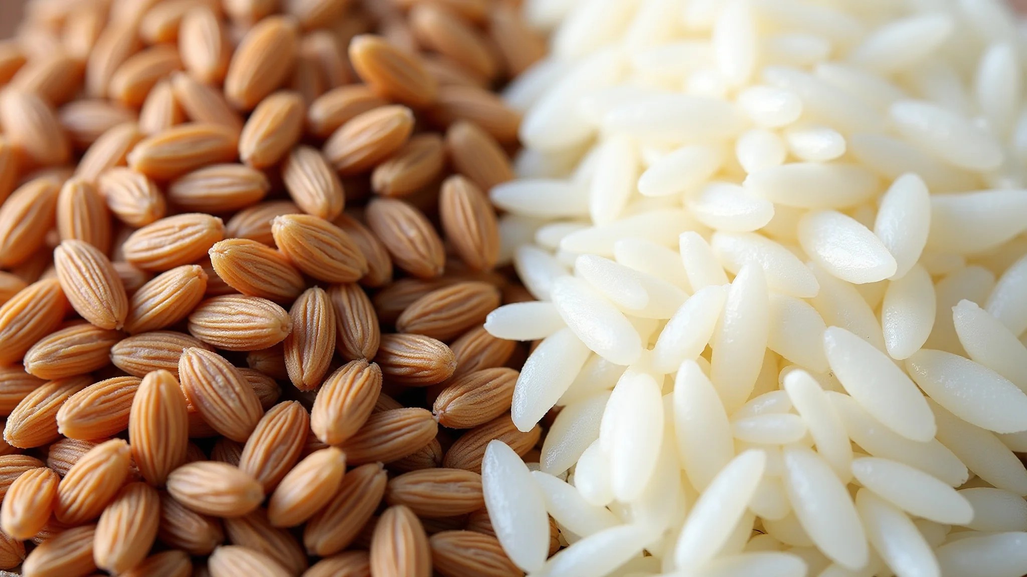 Comparação entre grãos de arroz branco e integral.