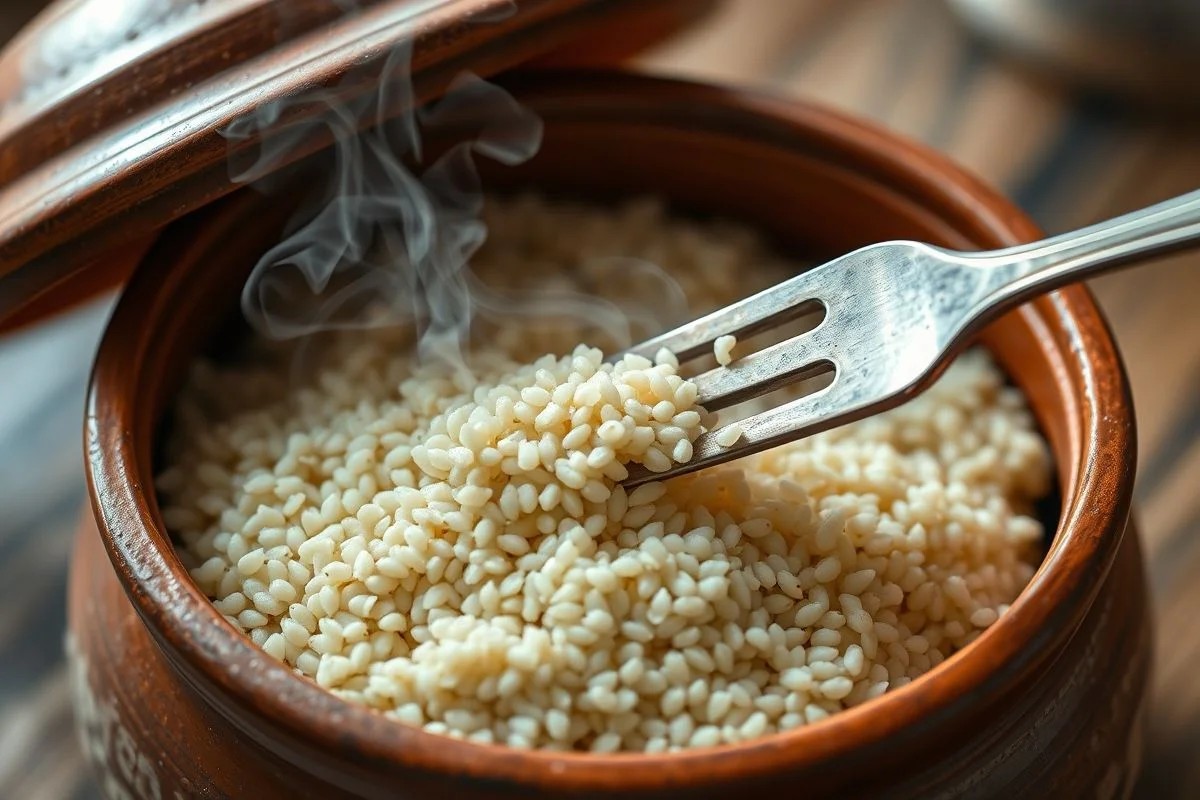 Quinoa cozida descansando na panela, garfo soltando os grãos.