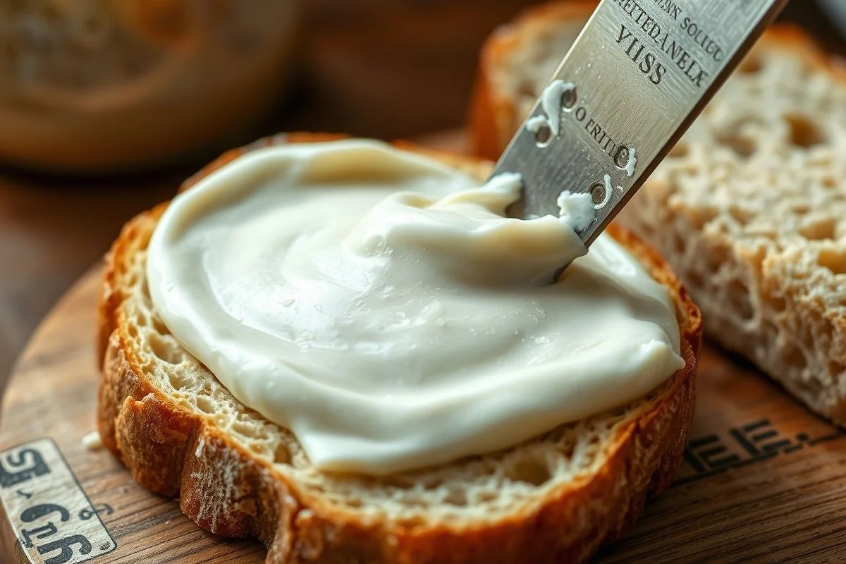 Requeijão caseiro cremoso em pão artesanal, fotografia profissional.