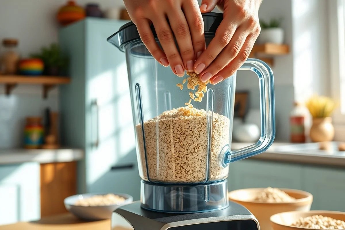 Mãos preparando farinha de aveia no liquidificador.