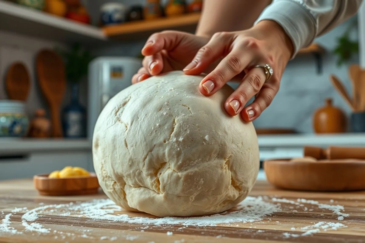 Mãos amassando massa de pão, demonstrando elasticidade.