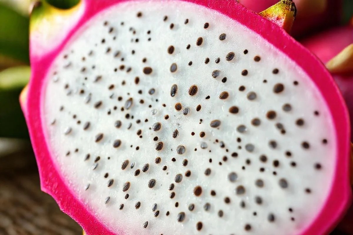 Pitaya rosa cortada ao meio, polpa branca e sementes pretas.