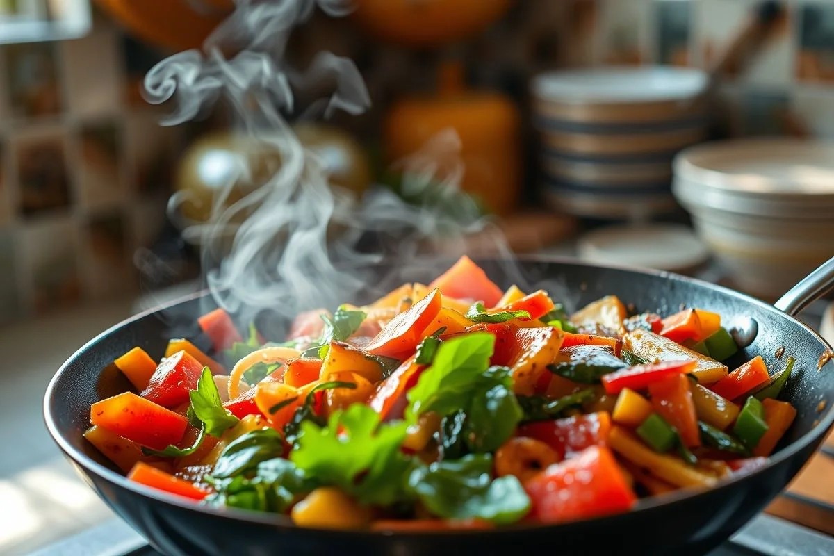 Refogado de casca de melancia com legumes coloridos em wok