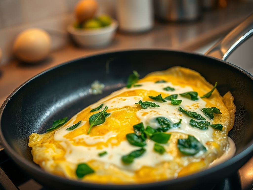 Uma omelete nutritiva com espinafre e queijo sendo preparada em uma frigideira.