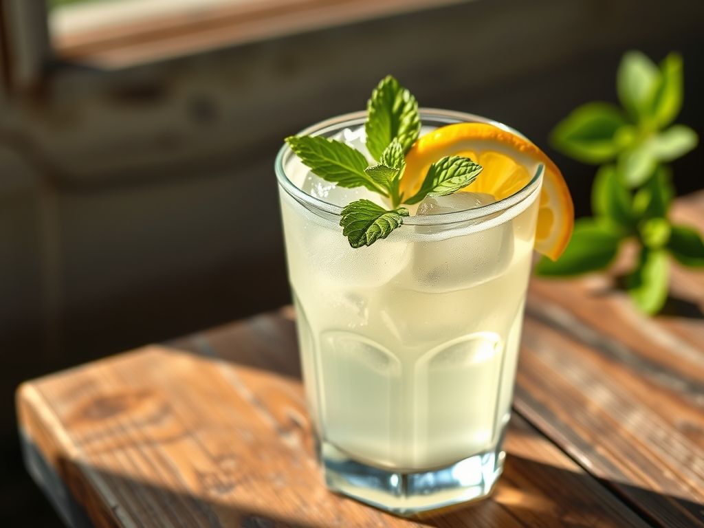 Um copo de limonada suíça cremosa com gelo e uma fatia de limão, decorado com um ramo de hortelã.