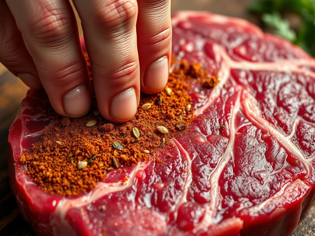 Close-up de uma mão esfregando um rub de especiarias em um bife cru, mostrando a textura do rub e a marmorização da carne.