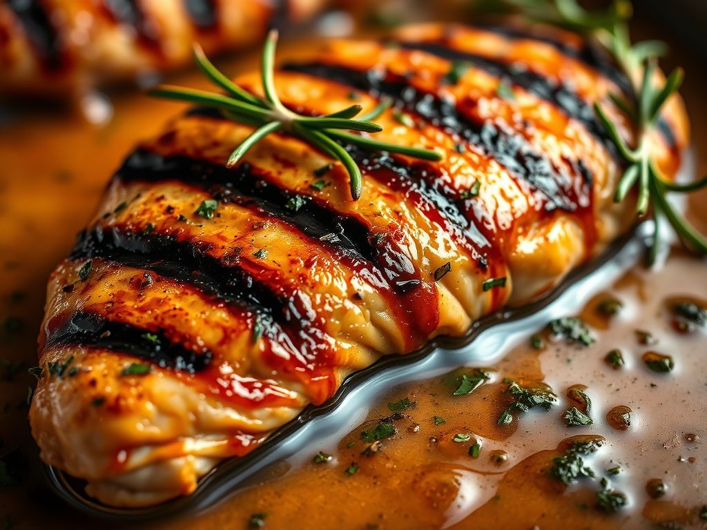 Close-up de um peito de frango grelhado perfeito, com marcas de grelha, regado com uma marinada brilhante e saborosa com alecrim e tomilho visíveis.