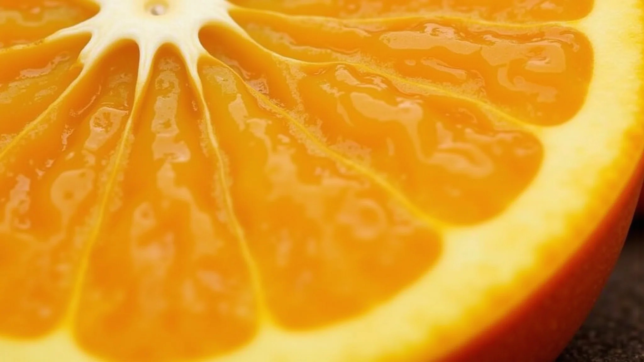 Detalhe da casca e albedo da laranja, rica em nutrientes.