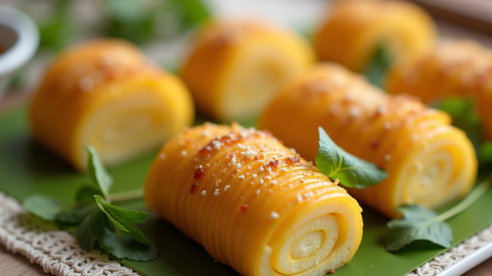 Detalhe das fatias finas de batata, formando o rocambole.