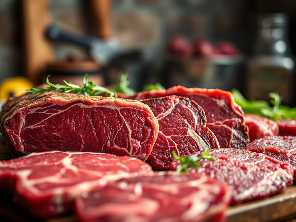 Variedade de cortes de carne crua para churrasco, mostrando marmoreio e cor vermelha vibrante.